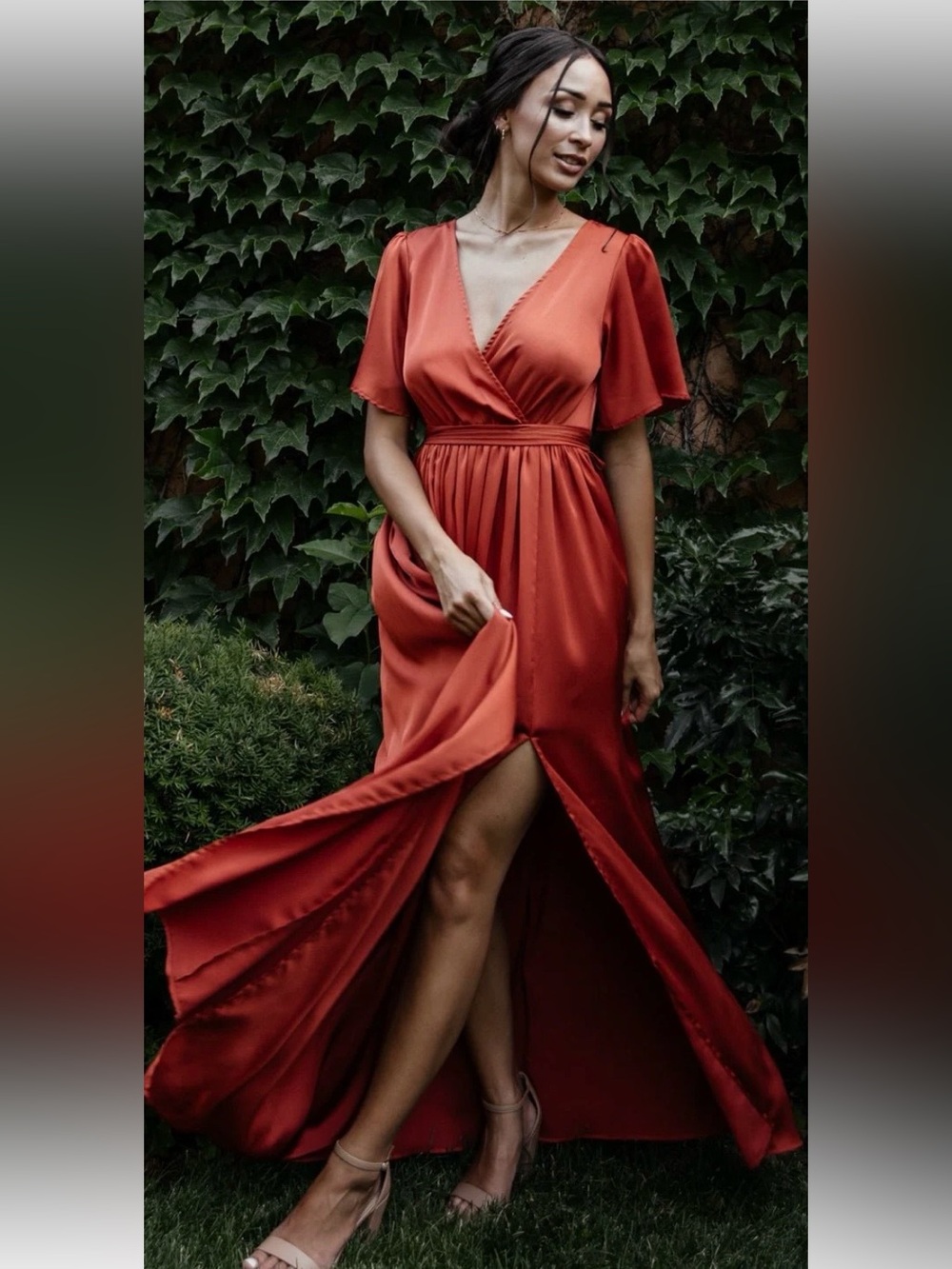 Baltic Born Rust-Red Satin Wrap Maxi Dress